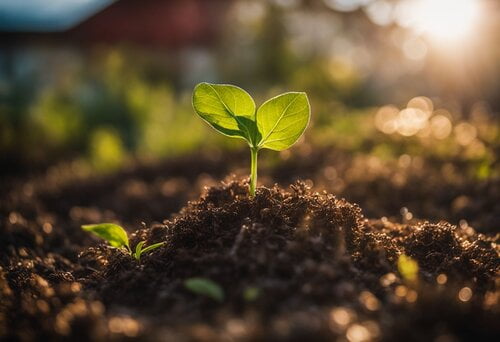 op deze afbeelding zie je het begin van een trots groen plantje dat net beginnen groeien is en groter is dan de andere jonge plantjes