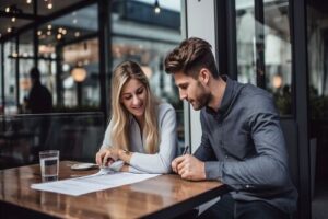 op deze afbeelding zie je een man en een vrouw die samen een financiële analyse maken