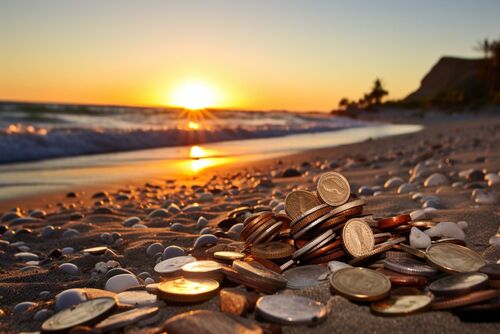 op deze afbeelding zie je munten op een strand met een mooie zonsondergang
