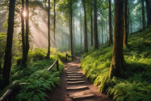 op deze afbeelding zie je een pad met houten plankjes in een mooi groen bos met de zon die tussen de bomen doorschijnt