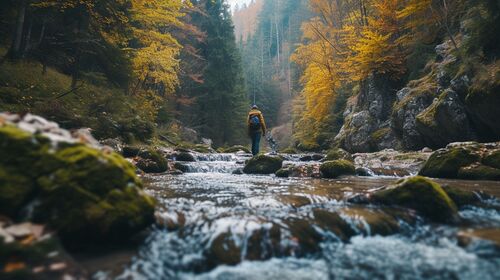 op deze afbeelding zie je een backpacker over keien in een rivier stappen