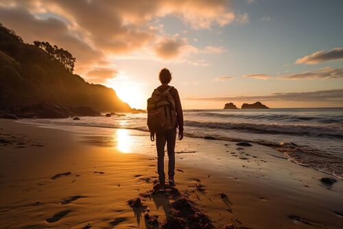 op deze afbeelding zie je een backpacker op een verlaten strand bij zonsondergang