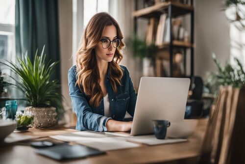 op deze afbeelding zie je een jonge vrouw die gefocust op een laptop werkt