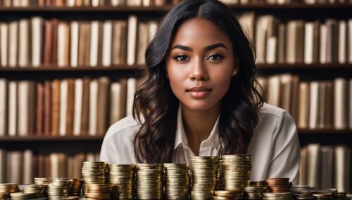 op deze afbeelding zie je een mooie donkere vrouw met een sterke uitstraling en een positieve money mindset met munten op de voorgrond en gouden staven op de achtergrond