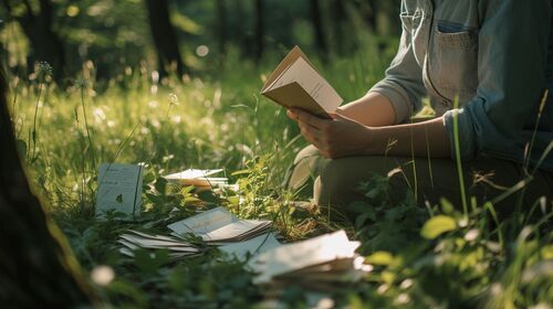 op deze afbeelding zie je een persoon die in een natuurlijk grasveld zit en affirmatiekaarten leest