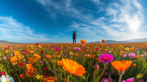 op deze afbeelding zie je een persoon omringd door opbeurende bloemen in een natuurlijk landschap